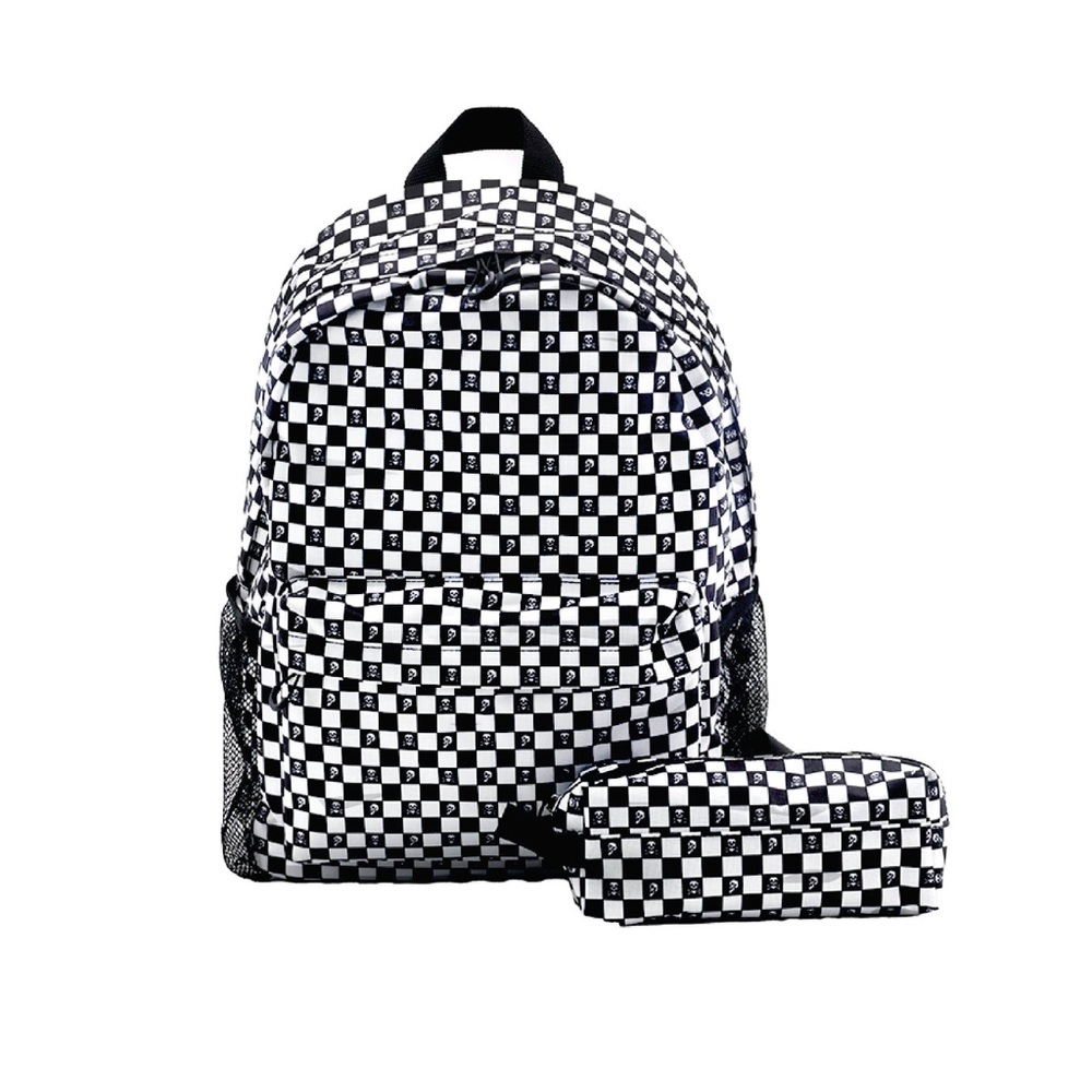 2-in-1 Kids Backpack & Pencil Pouch Set, Backpack for Kids (Skulls & Checks)